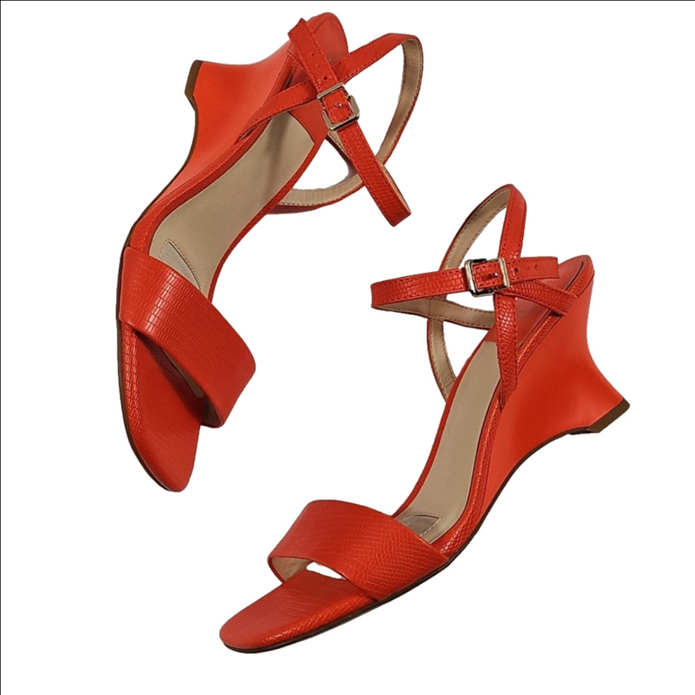 Alex Marie Coral Orange Snake Embossed Leather Ankle Strap Wedge Heel Sandal